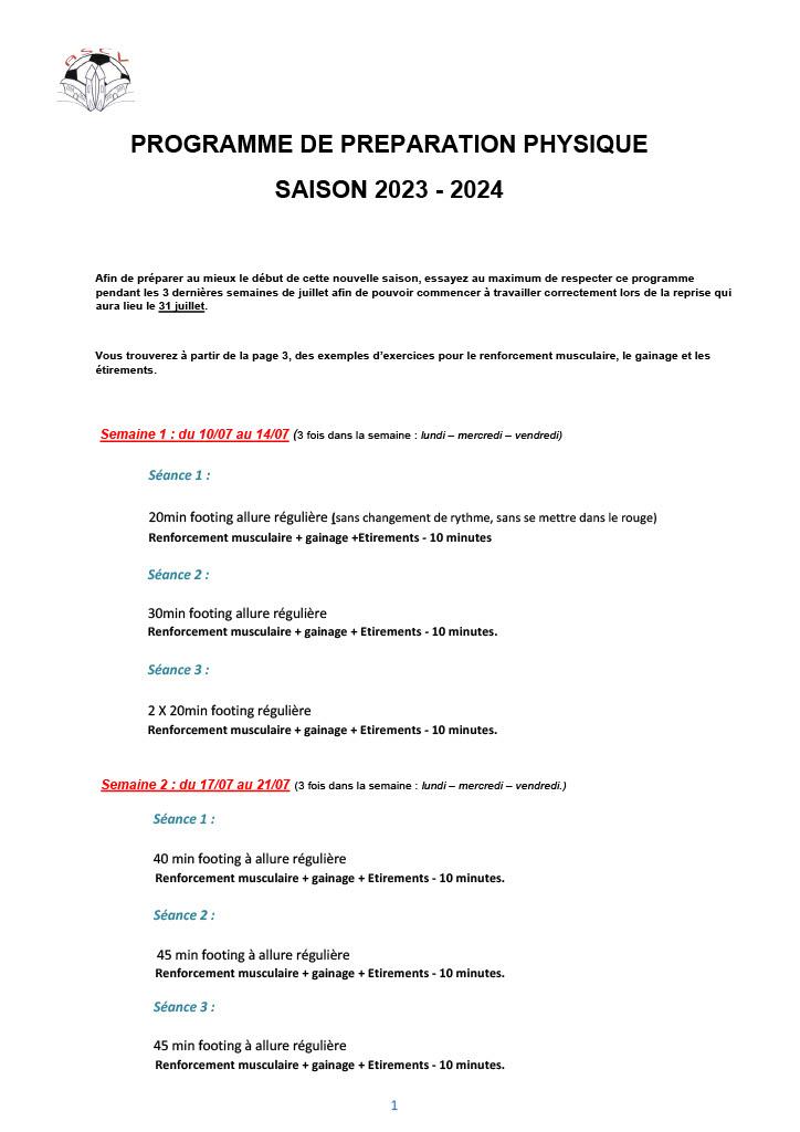 Programme Pré-Saison Page 1